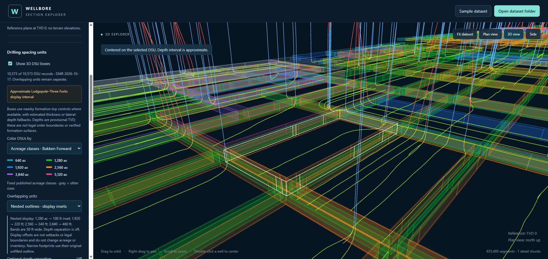 North Dakota wellbore trajectories displayed in the interactive 3D viewer.